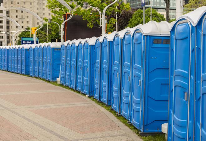 a line of brightly-colored portable restrooms, perfect for outdoor festivals and concerts in Ballico